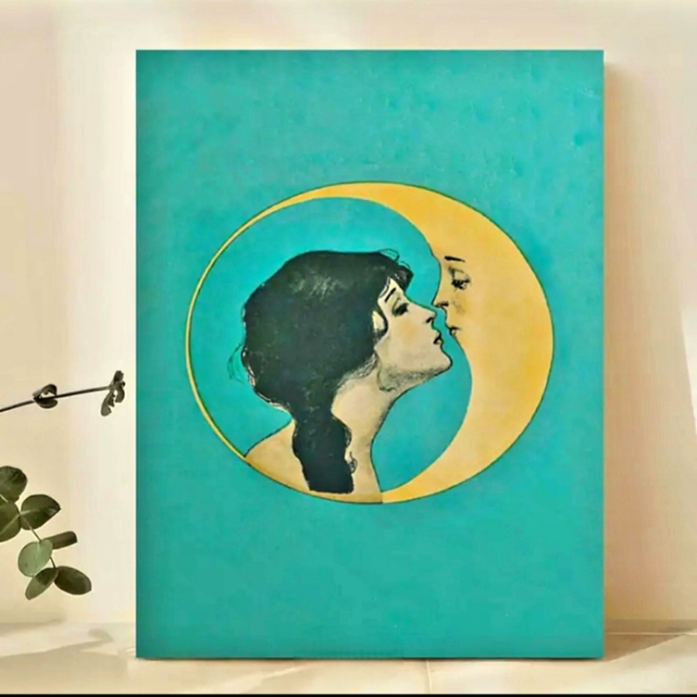 12"×8.5" Canvas Art-Lady and Moon Vintage Style Print unframed